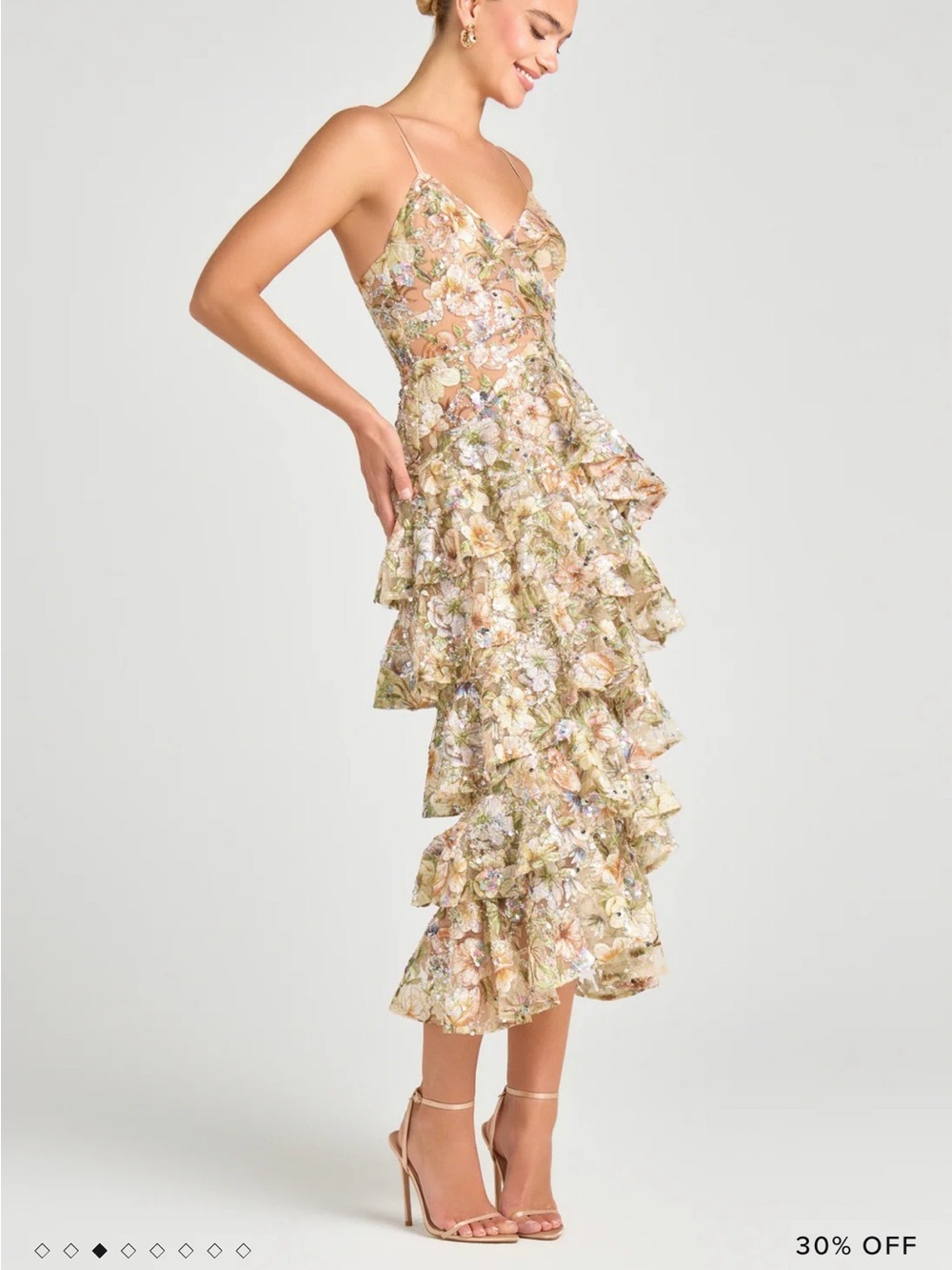 NADINE MERABI Saffron Pastel Floral Tiered Ruffle Midi Dress